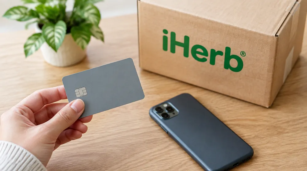 Банковская карта в руке и коробка iHerb на столе