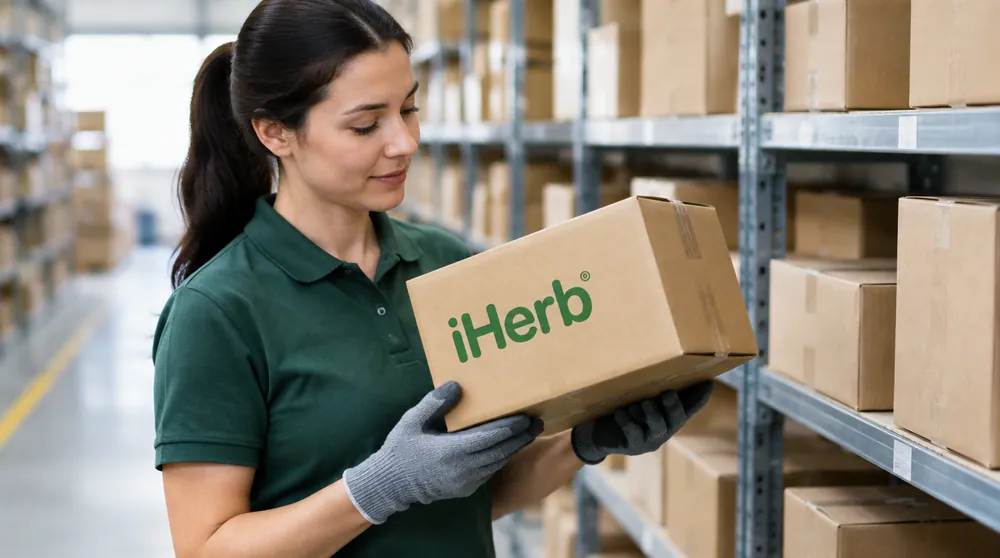 Сотрудник склада держит коробку iHerb с банками