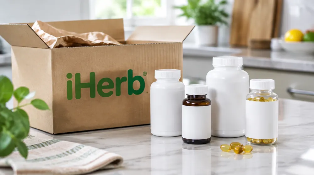 Баночки витаминов из коробки iHerb на кухне