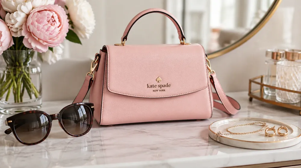 Розовая сумка Kate Spade, очки и украшения на туалетном столике