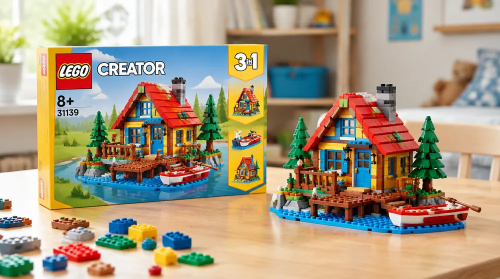Коробка LEGO и собранная модель на детском столе