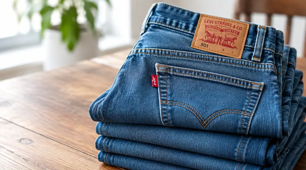 Стопка джинсов Levi’s 501 с кожаной нашивкой и красным ярлычком