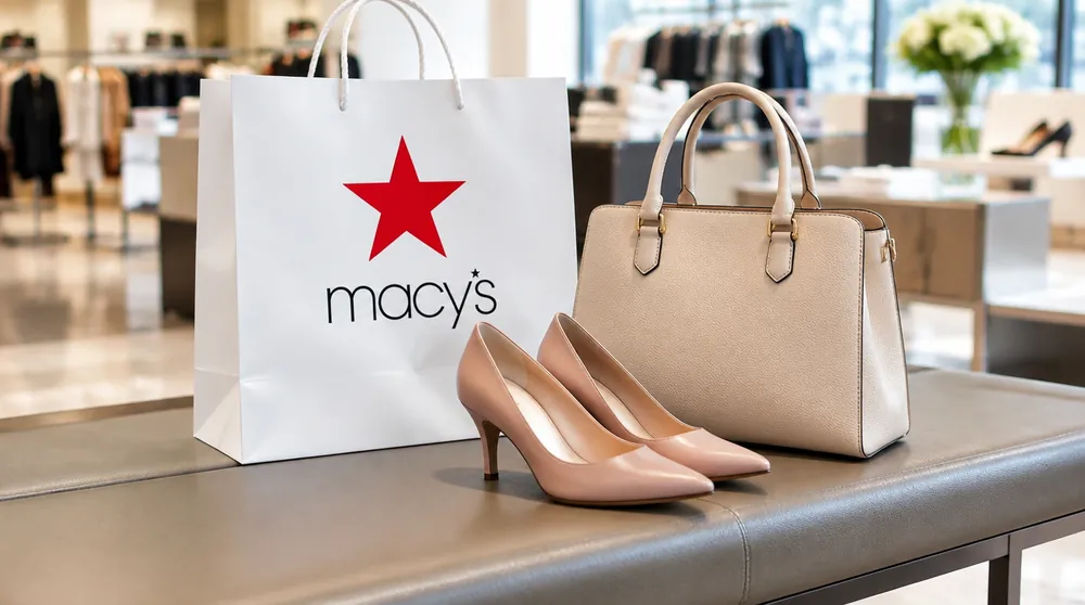 Пакет Macy’s с красной звездой, туфли и сумка на скамейке