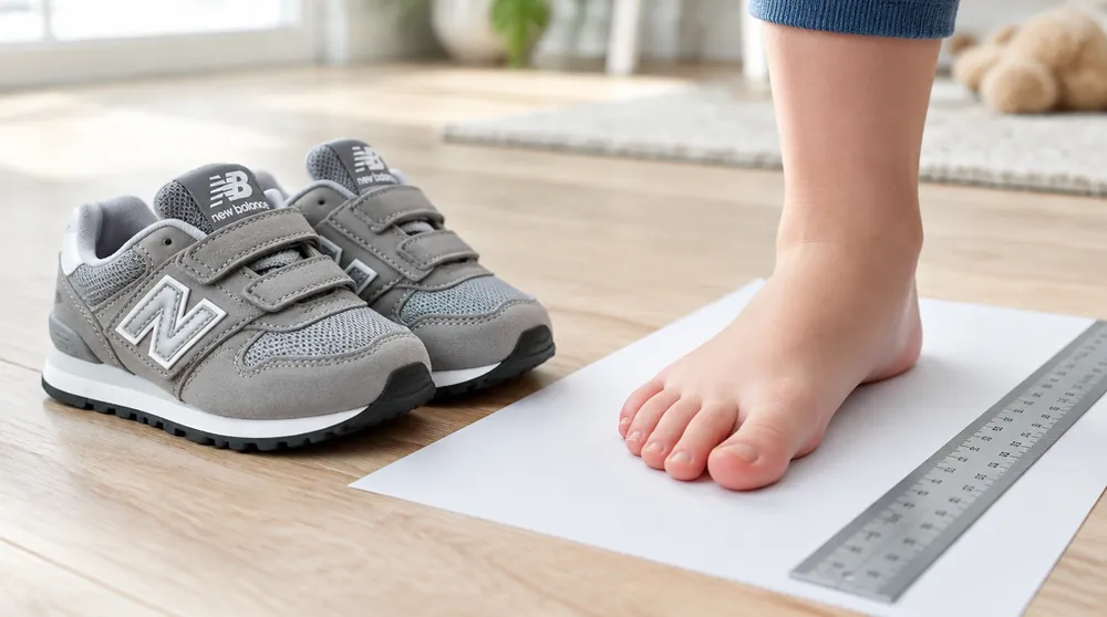 Детские кроссовки New Balance рядом со стопой ребёнка на линейке