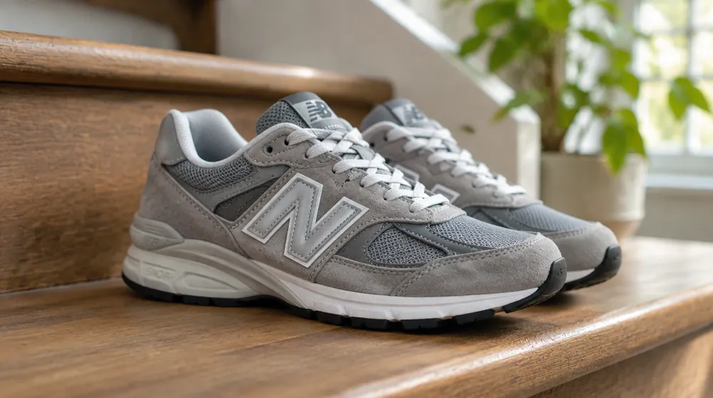 Стопа 24 см: серые кроссовки New Balance 990 на деревянной ступеньке
