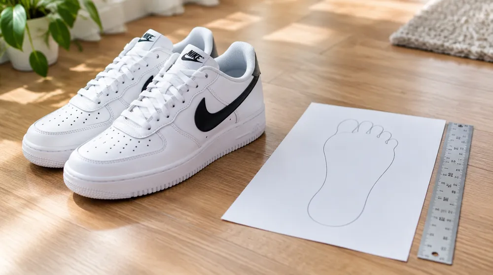 Белые кроссовки Nike рядом с обведённой стопой и линейкой