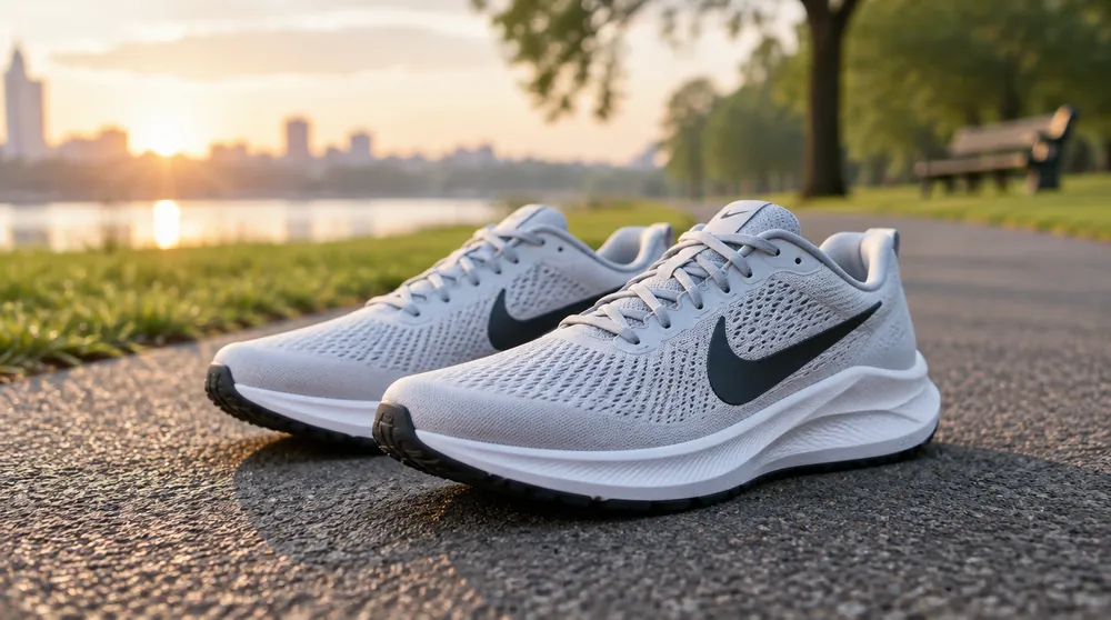 Стопа 26 см: беговые кроссовки Nike Pegasus на дорожке в парке ранним утром