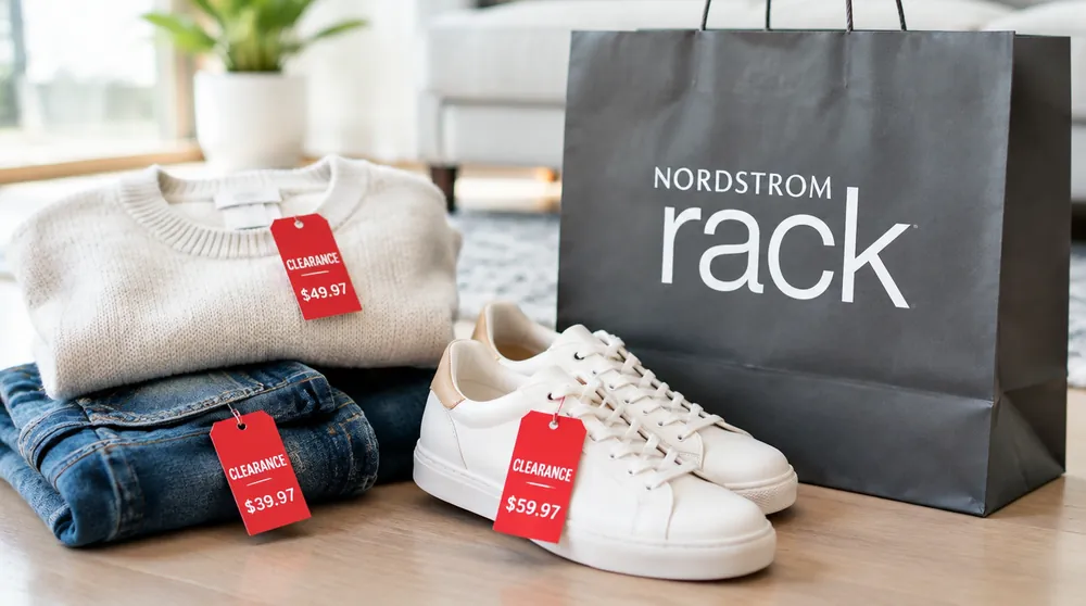 Одежда и обувь с красными ценниками распродажи и пакет Nordstrom Rack