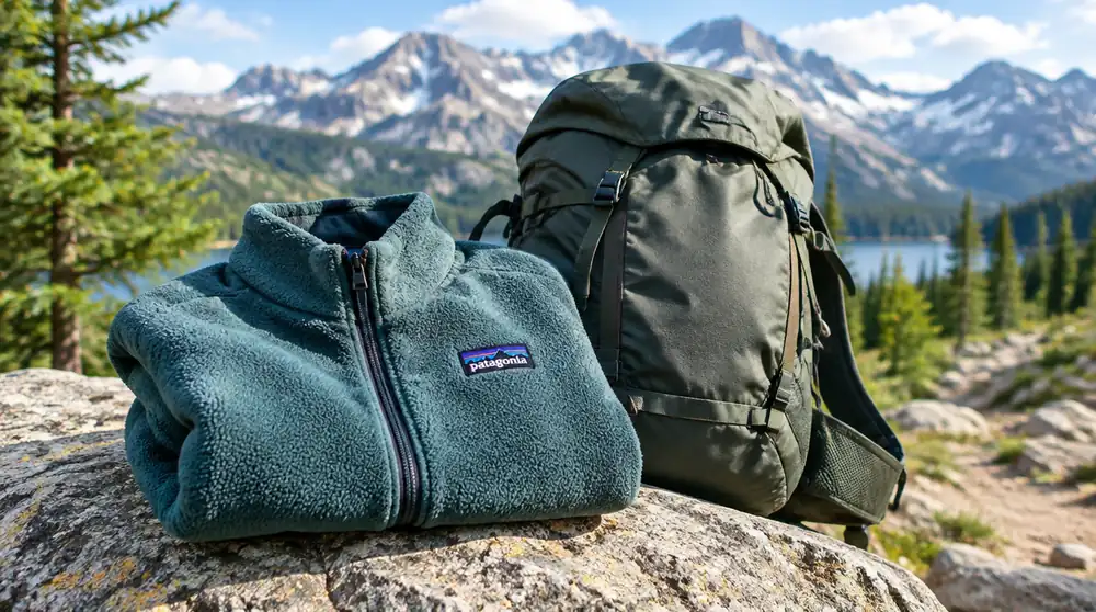 Флисовая куртка Patagonia с нашивкой и рюкзак на камне у горной тропы