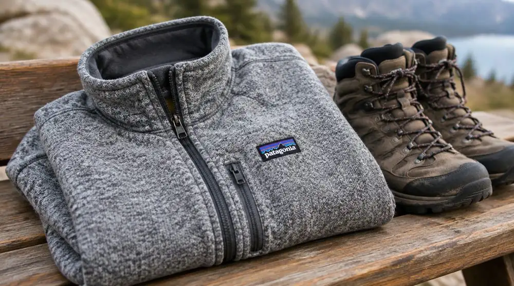 Флисовая куртка Patagonia Better Sweater с нашивкой-логотипом Patagonia на деревянной скамье рядом с ботинками