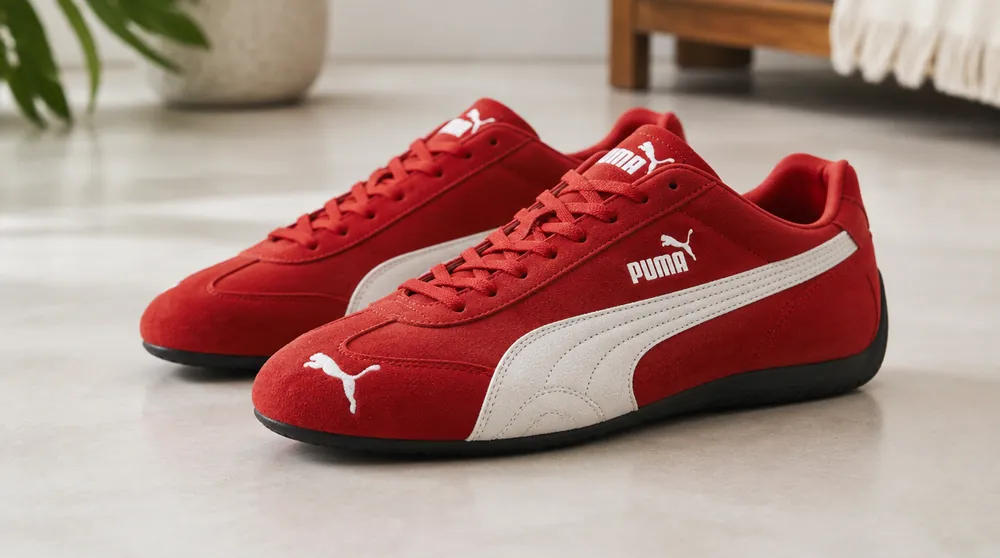 Стопа 23 см: красные замшевые кроссовки PUMA Speedcat на светлом полу