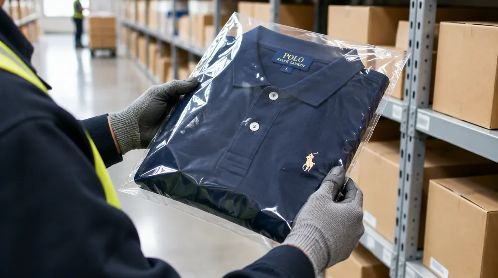 Тёмно-синее поло Polo Ralph Lauren в пакете в руках сотрудника склада — US 16 в одежде на русский