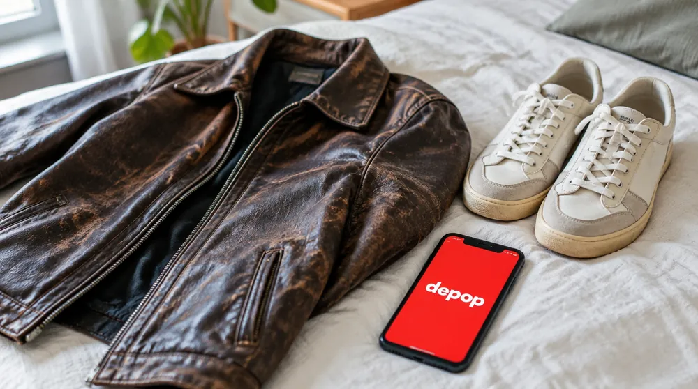 Винтажная куртка и кроссовки на кровати, на экране телефона логотип depop
