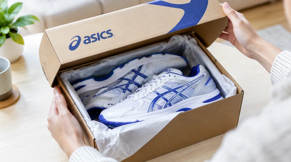 Кроссовки ASICS Gel-Kayano для бега стоят на дорожке стадиона