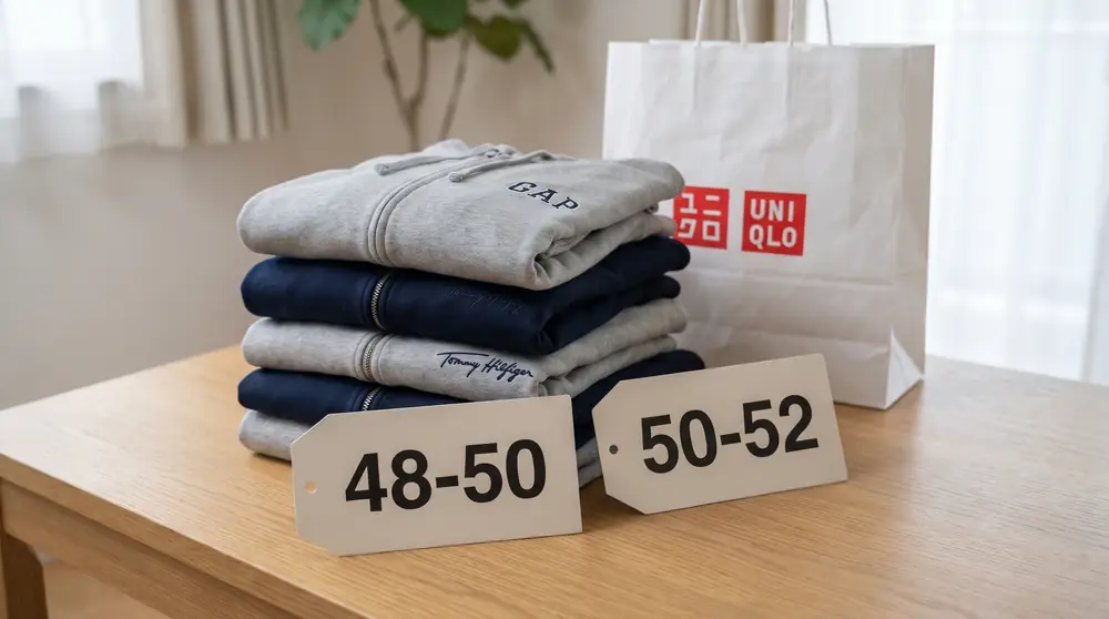 Худи GAP и Tommy Hilfiger стопкой рядом с пакетом UNIQLO, бирки двойных российских размеров 48-50 и 50-52