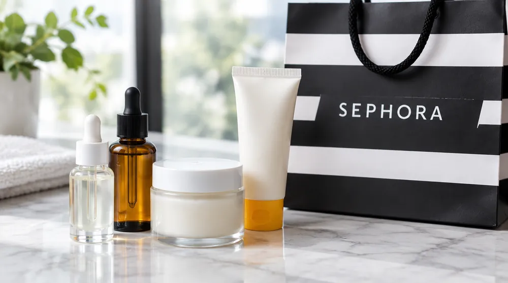 Сыворотки, крем и солнцезащитный флакон рядом с полосатым пакетом SEPHORA