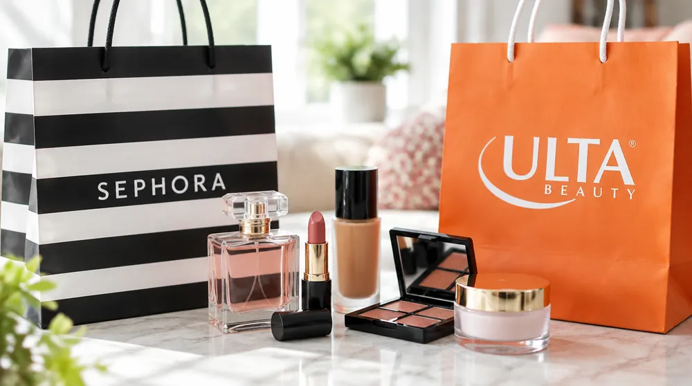 Косметика между полосатым пакетом SEPHORA и оранжевым ULTA Beauty