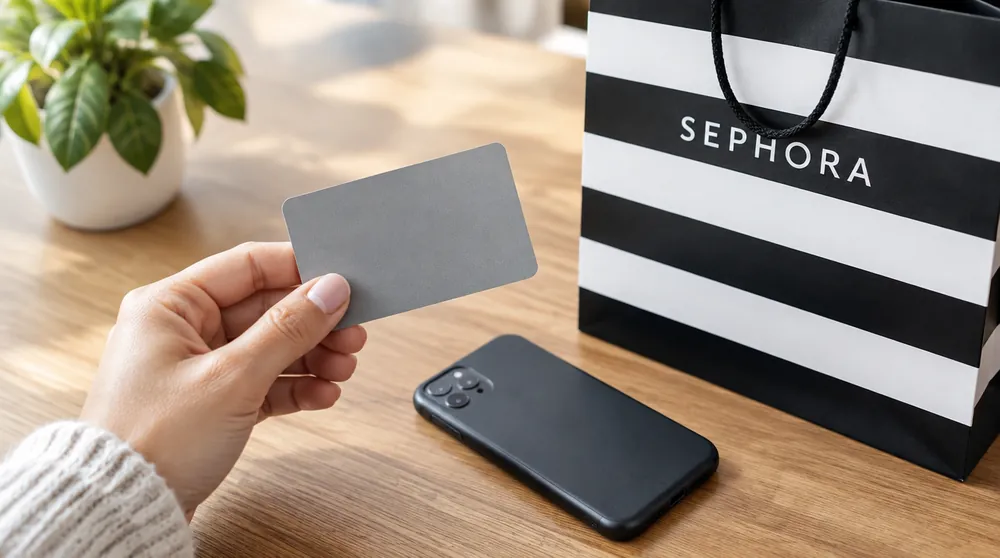 Карта в руке рядом с полосатым пакетом Sephora