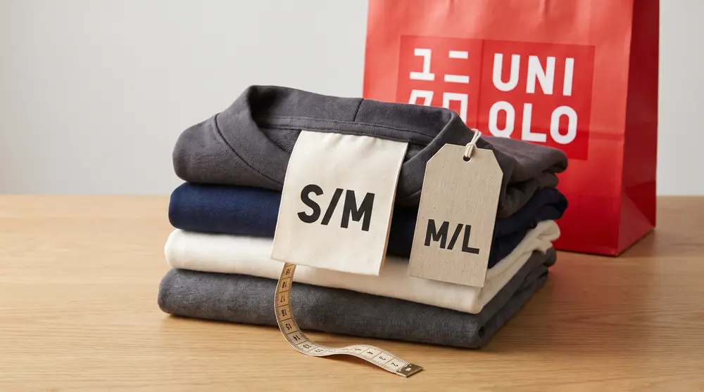 Стопка худи UNIQLO с бирками двойных размеров S/M и M/L и сантиметровой лентой — какой это русский размер
