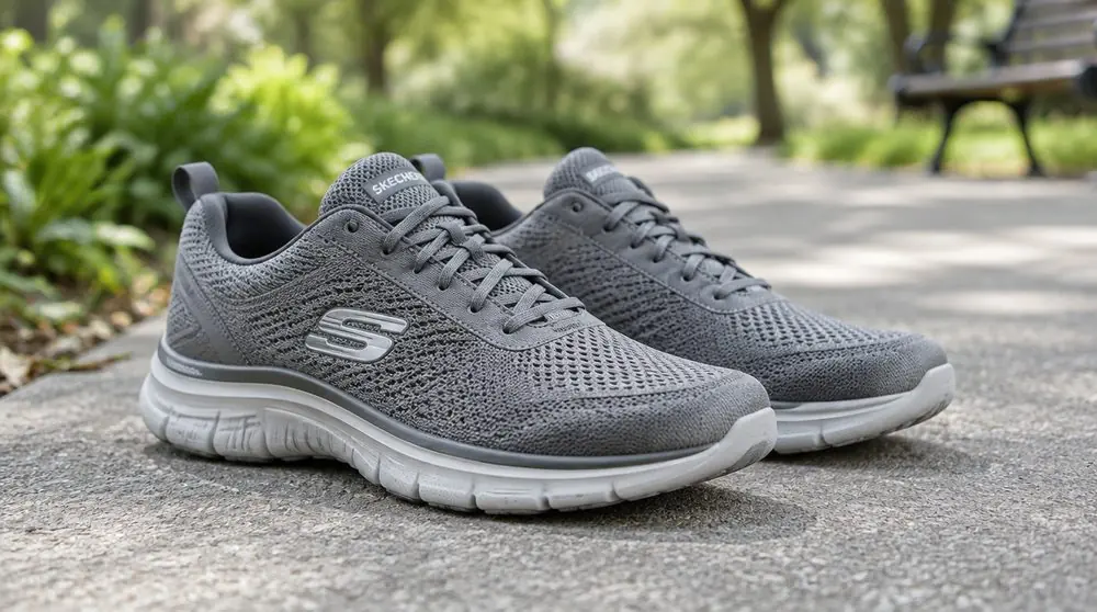 Стопа 28 см: серые текстильные кроссовки Skechers для ходьбы на тротуаре в парке
