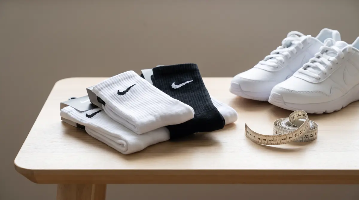 Носки Nike белые и чёрные и сантиметровая лента — размер носков США S, M, L на русский