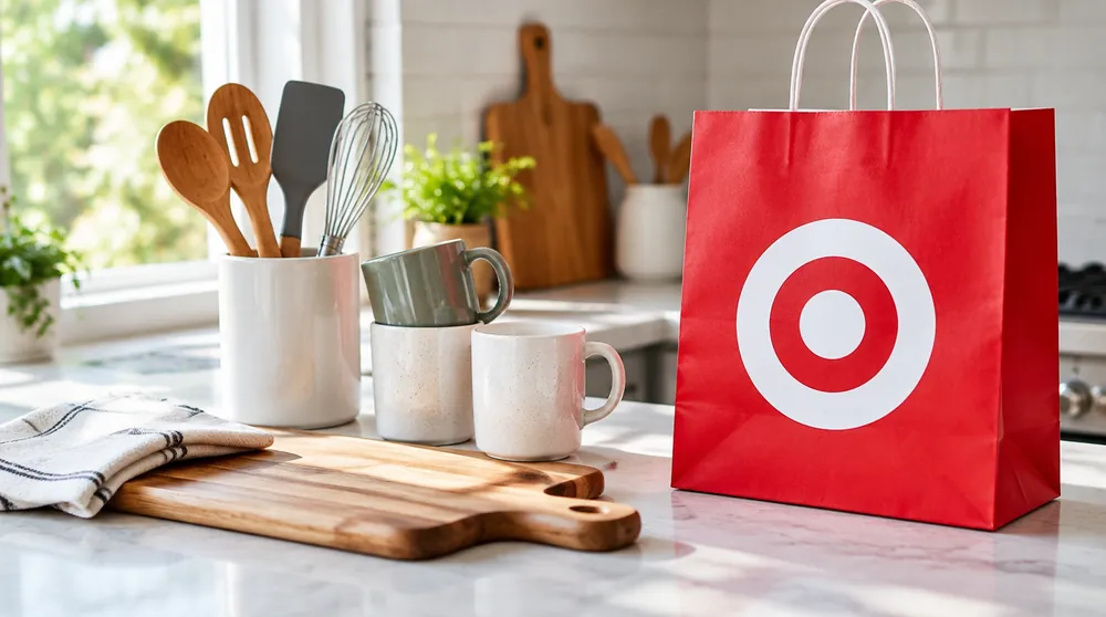 Кухонная утварь и кружки рядом с красным пакетом Target