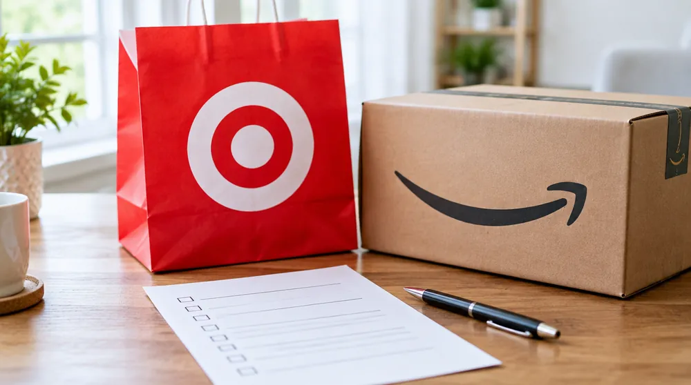 Чек-лист распродажи на столе рядом с пакетом Target и коробкой Amazon