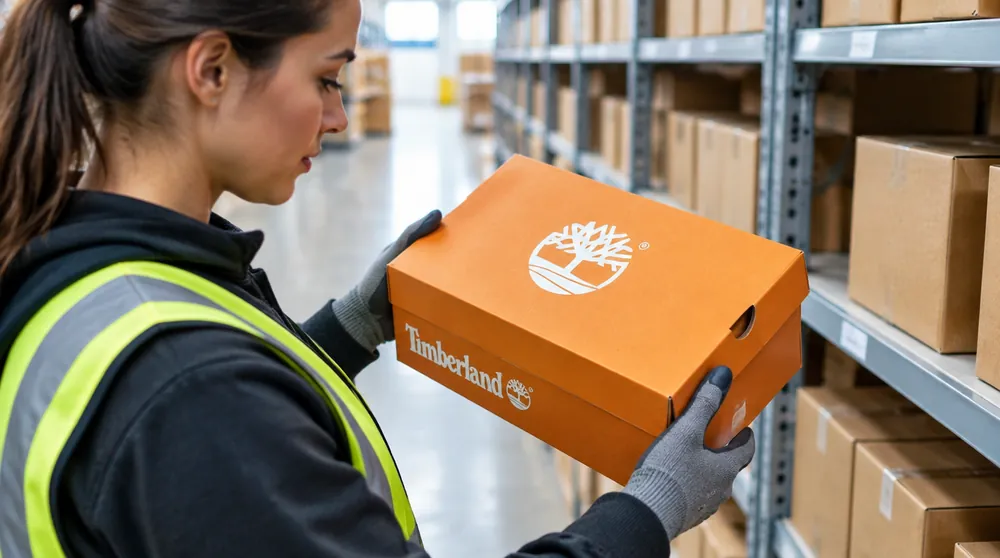 Пара жёлтых ботинок Timberland стоит на фирменной оранжевой коробке