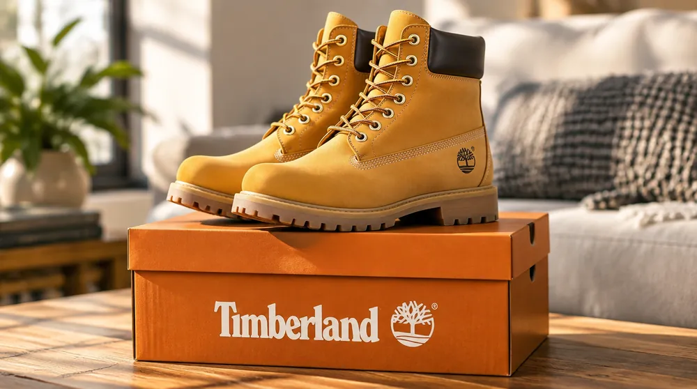 Жёлтые ботинки Timberland на оранжевой фирменной коробке