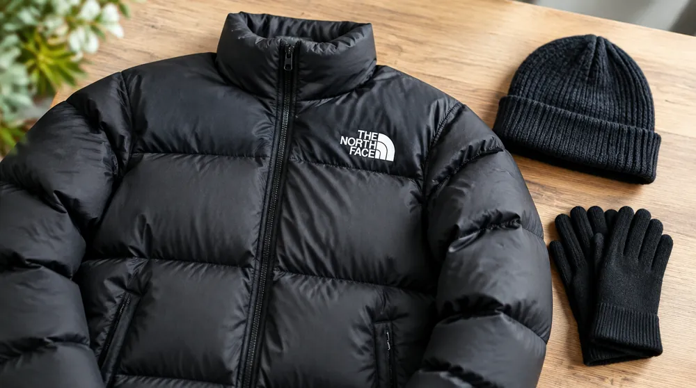 Чёрный пуховик The North Face Nuptse, шапка и перчатки