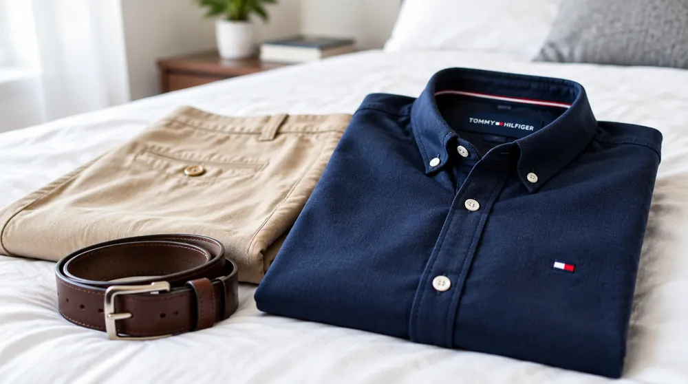 Рубашка Tommy Hilfiger с флажком, чиносы и ремень на кровати