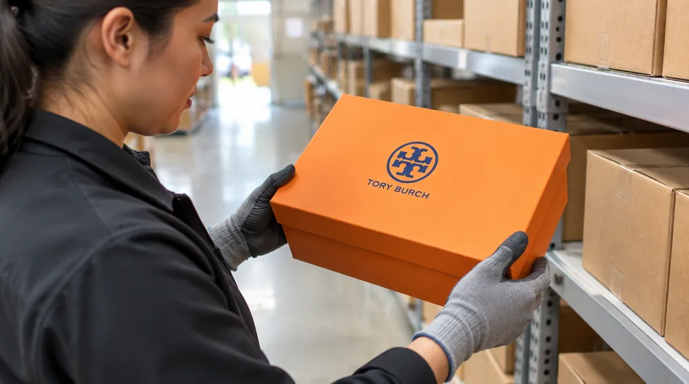 Сотрудник склада осматривает оранжевую коробку Tory Burch