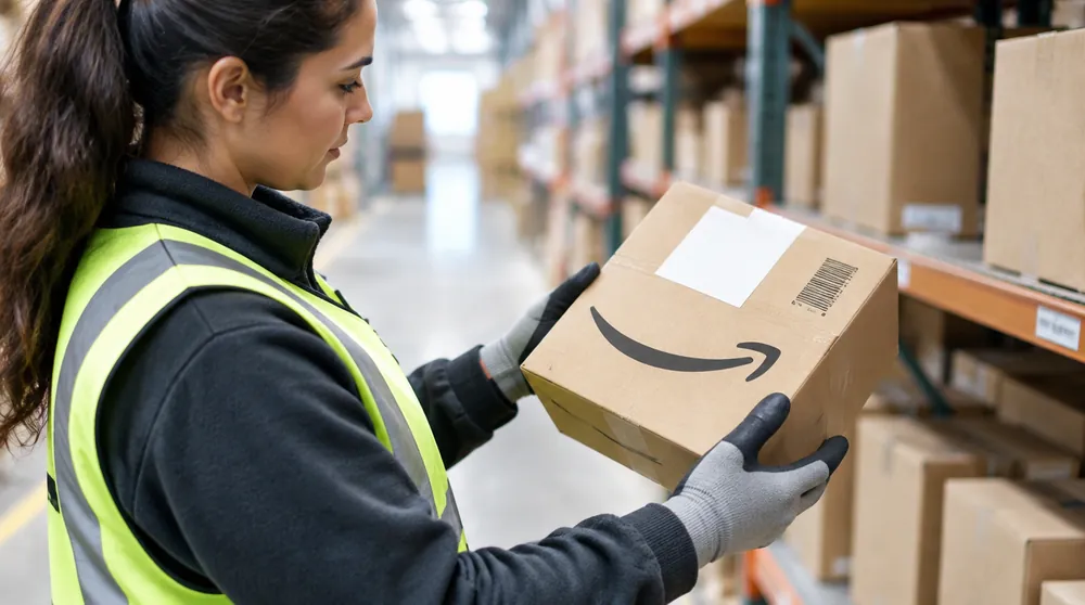 Сотрудник склада держит коробку Amazon со штрихкодом