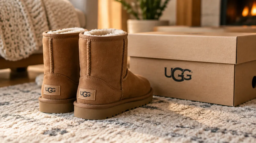 Угги UGG Classic рядом с фирменной коробкой на ковре