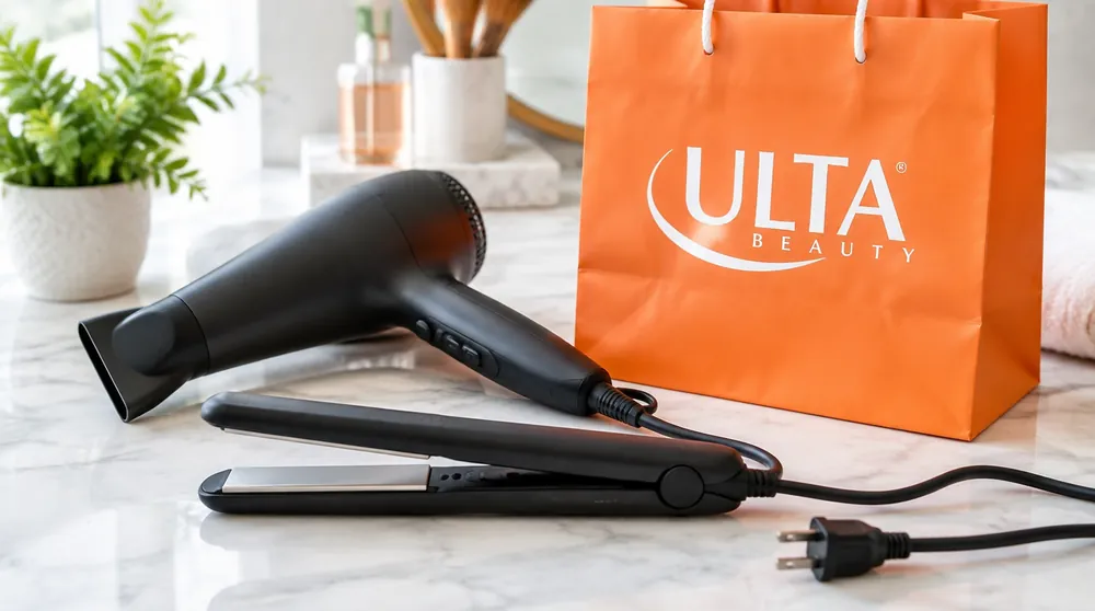 Фен и выпрямитель с американской вилкой рядом с пакетом ULTA Beauty