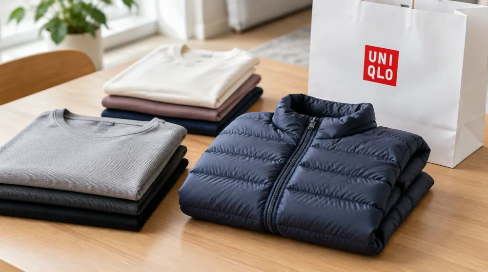 Термофутболки Uniqlo Heattech и стёганая куртка Ultra Light Down рядом с пакетом с красным логотипом Uniqlo