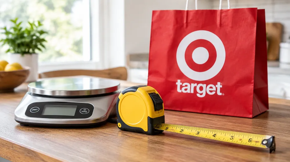 Рулетка в дюймах, весы в фунтах и пакет Target