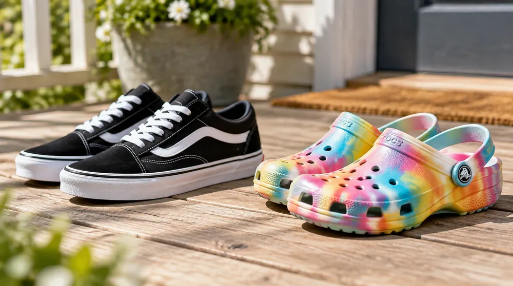 Кеды Vans Old Skool и сабо Crocs на солнечном крыльце
