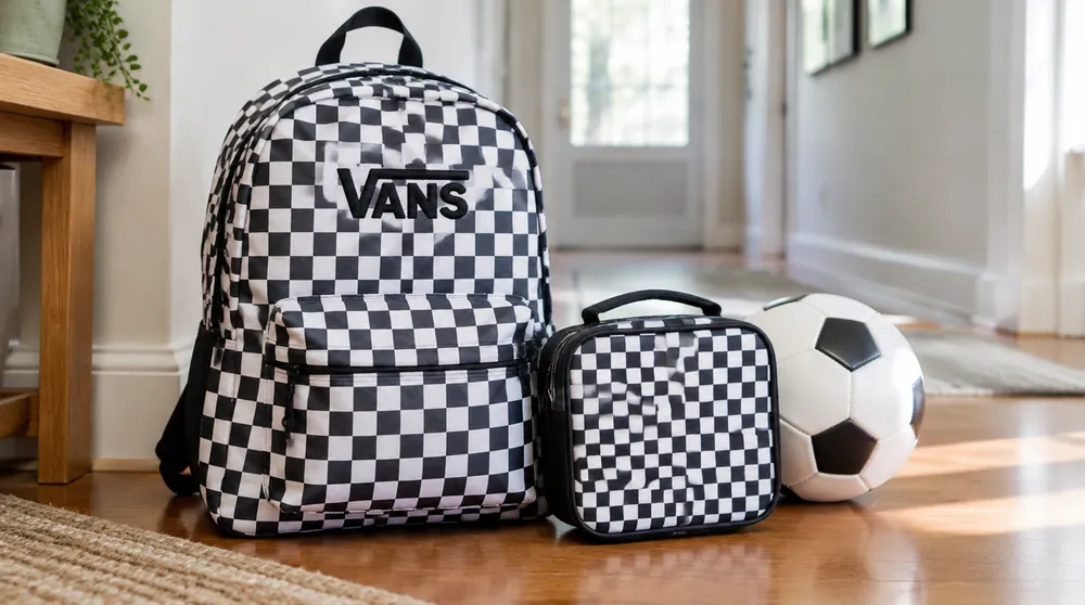 Детский рюкзак Vans в клетку, ланчбокс и мяч в прихожей