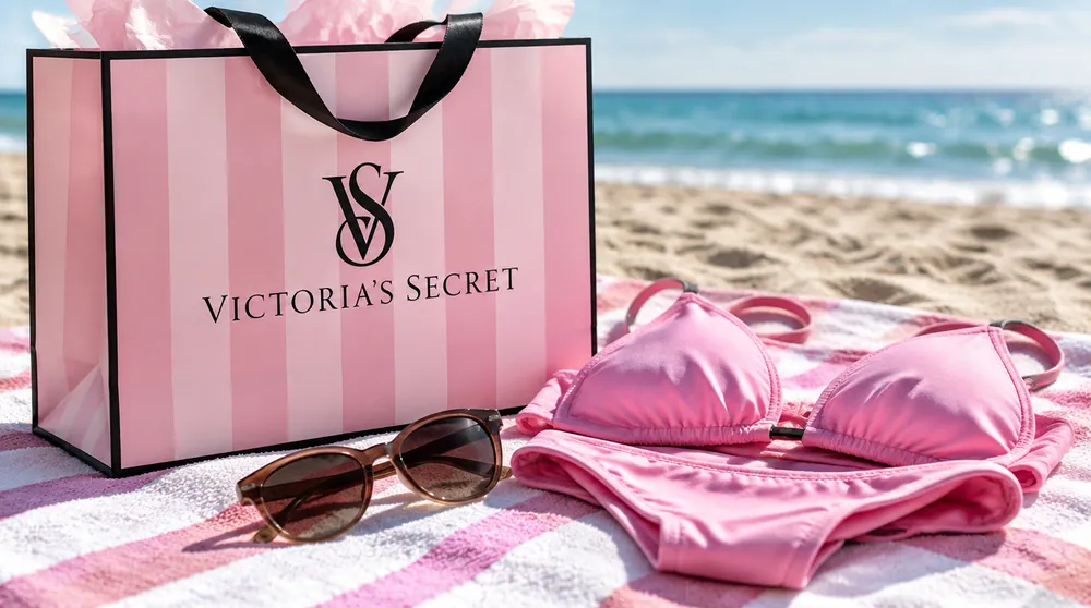 Розовый пакет Victoria’s Secret, купальник и очки на пляжном полотенце