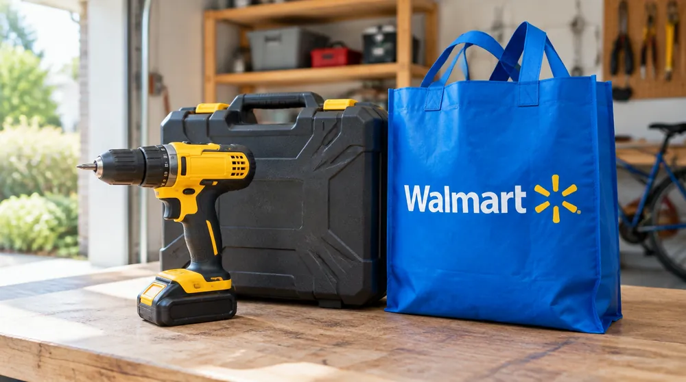 Шуруповёрт и кейс с инструментом рядом с пакетом Walmart в гараже
