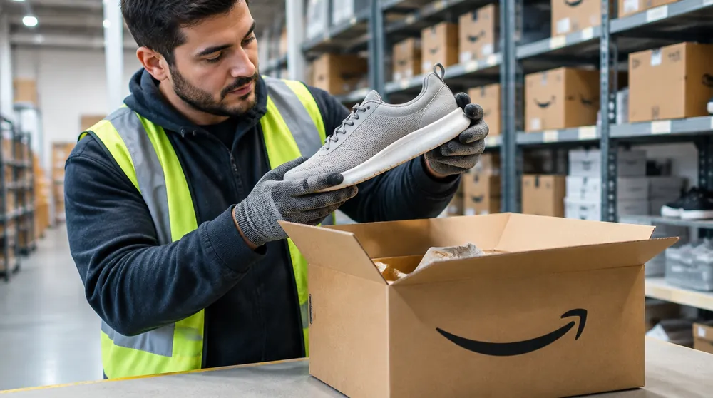 Сотрудник склада проверяет кроссовок из открытой коробки Amazon