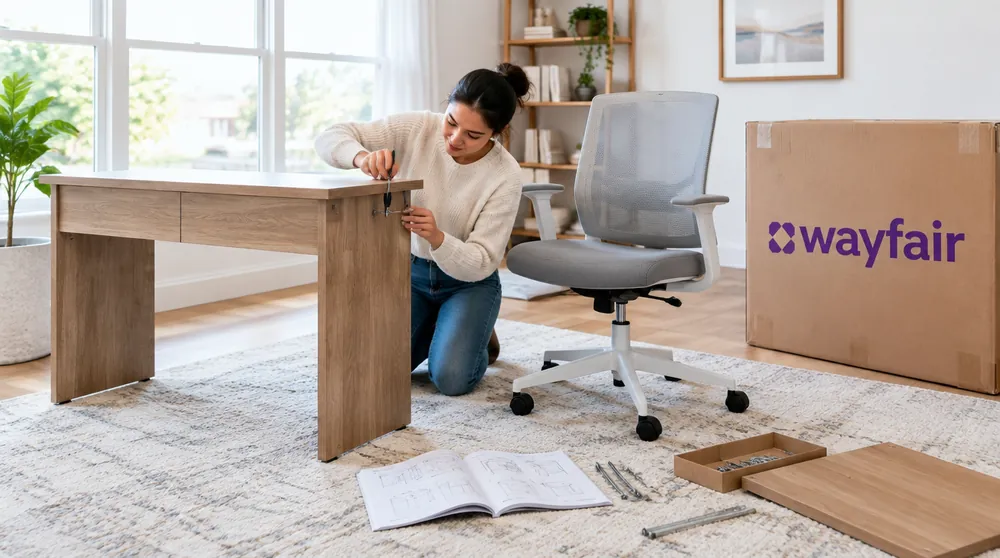 Сборка стола и кресла рядом с большой коробкой Wayfair