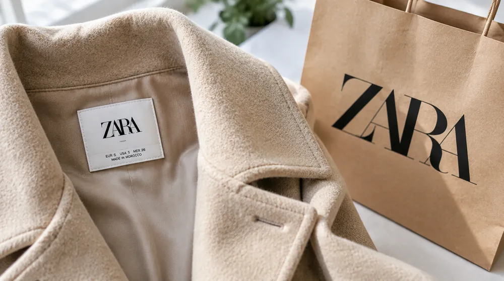 Ярлык с размером на пальто ZARA и пакет ZARA рядом