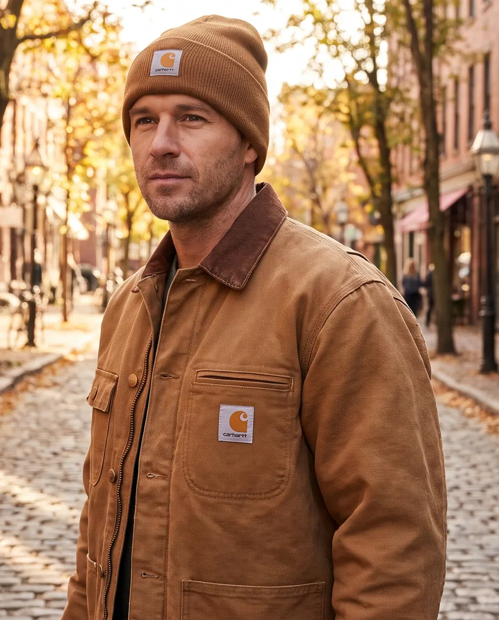 Мужчина в куртке Carhartt Detroit и шапке Кархарт на осенней улице — заказать Carhartt из США