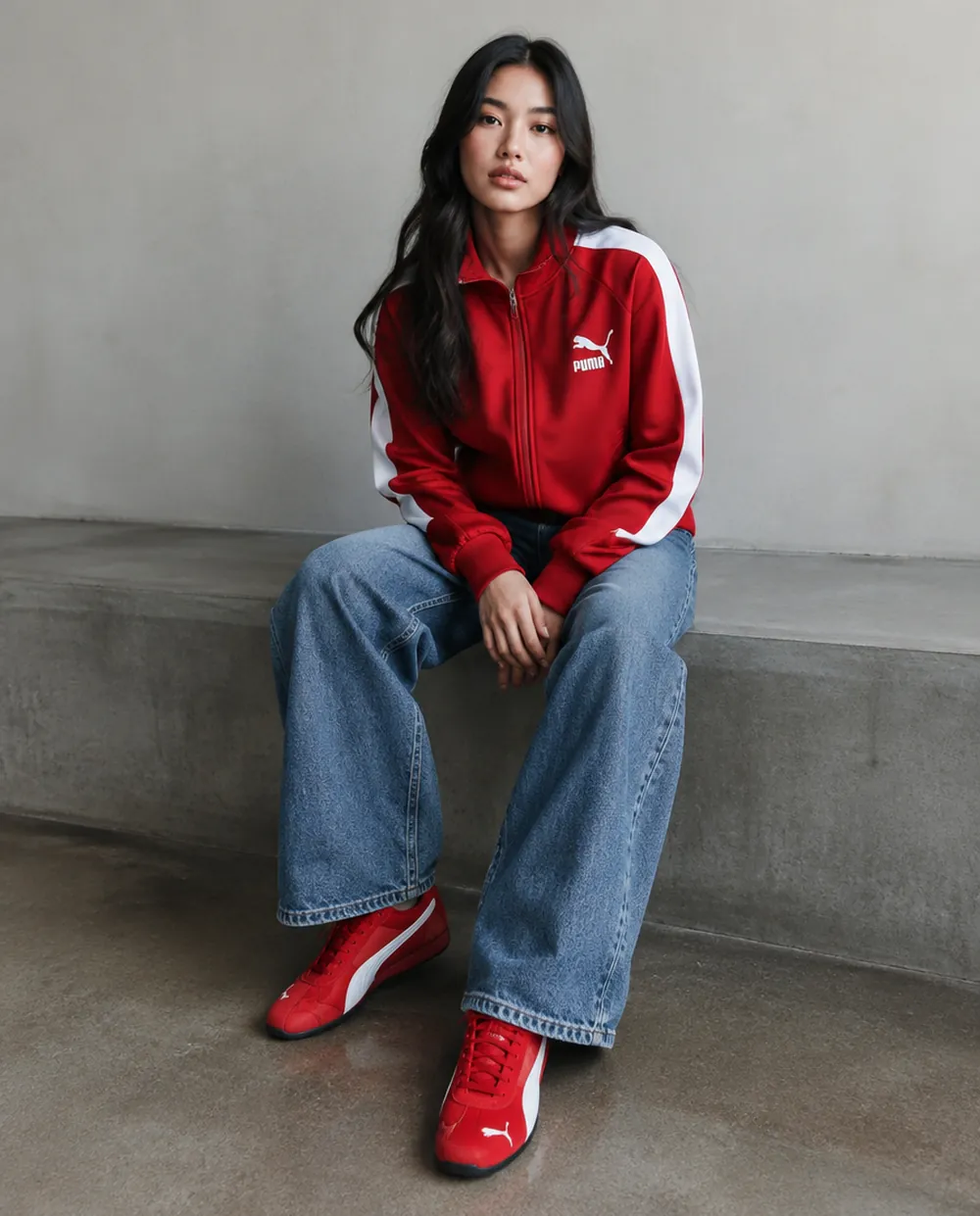 Девушка в кроссовках PUMA Speedcat и олимпийке PUMA