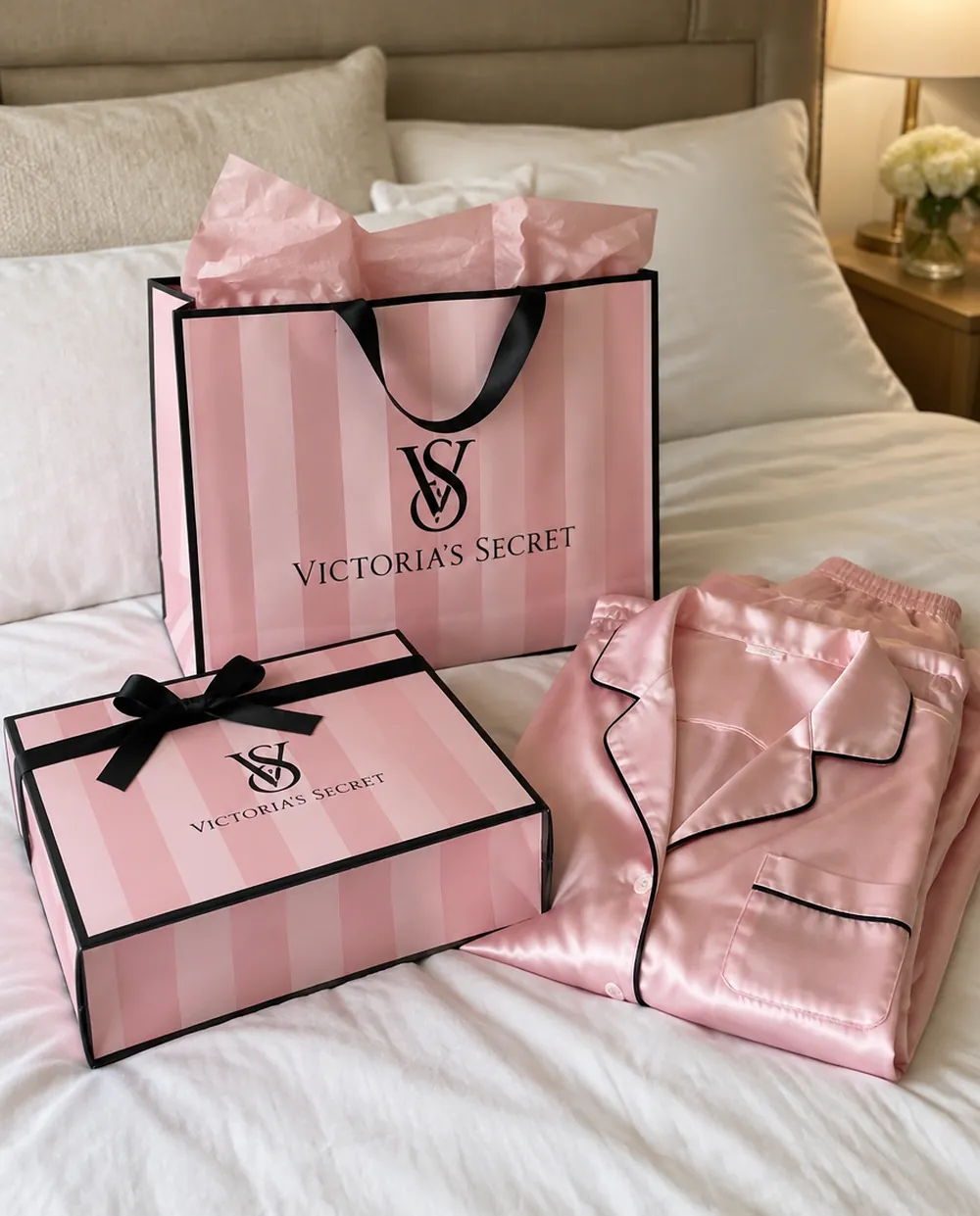 Розовые подарочная коробка и пакет Victoria’s Secret и атласная пижама на кровати